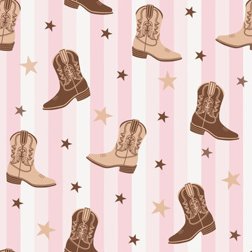  Western seamless pattern with cowboy boots and stars on pink striped background