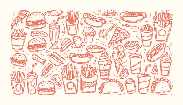 Hand drawn fast food doodle collection with burgers pizza hot dogs fries ice cream and drinks in playful sketch style