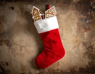 Red Christmas stocking filled with gingerbread houses hangs on textured wall, casting a warm holiday glow