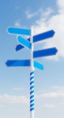 A blue and white signpost with multiple arrows pointing in different directions against a cloudy sky