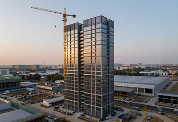 drone shot captures finished building sleek facade dusk amidst urban construction site transformed analytical graphics