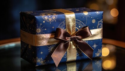 Elegant navy blue gift box with celestial gold pattern and satin ribbon bow