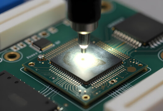 microprocessor chip carefully mounted onto circuit board precision illuminated soft focused led lights tightly framed close