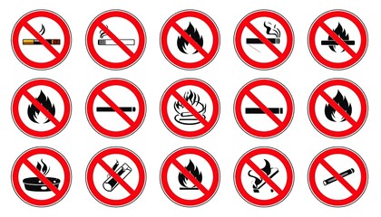 Red circle icons with diagonal bars over fire and cigarettes indicate prohibition against smoking and open flames