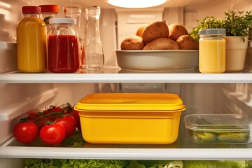 Open refrigerator with fresh vegetables and food on shelves. Concept of healthy eating and proper food storage for home.