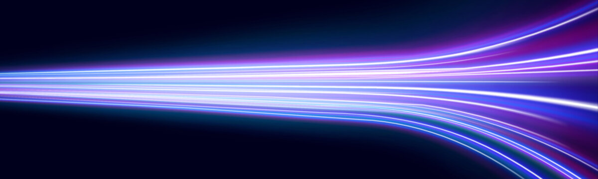 Neon speed lines burst through dark space creating motion blur effects. Bright purple and blue rays visualize acceleration and power. A futuristic atmosphere surrounds the composition.