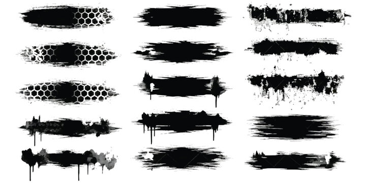 Abstract black grunge paint strokes collection with distressed textures and patterns