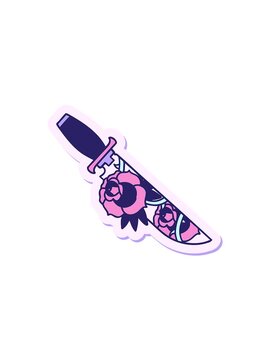 spinning motion animation of sticker of tattoo in traditional style of a dagger and flowers