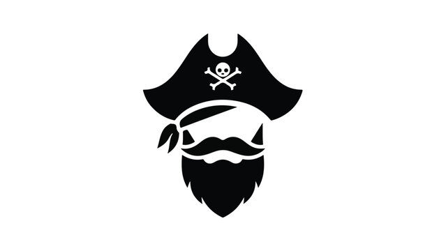 Pirate Hat Skull Icon with Beard and Mustache - Black and White.