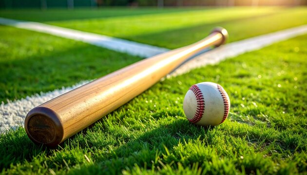 A baseball bat and ball placed on a grassy field marked with white boundary lines.