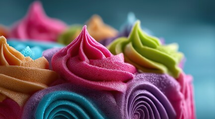 Colorful whipped cream or frosting swirl with visible texture. Sweet dessert food background for bakery or candy advertisement.