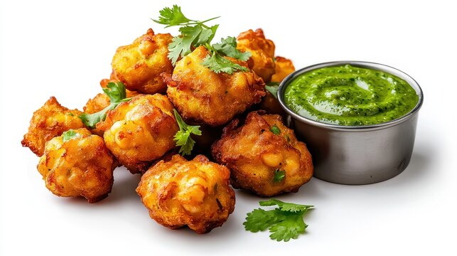 Delicious vegetable pakoras are served with a vibrant green chutney in a small metal bowl, arranged on a pristine white surface, tempting the taste buds.