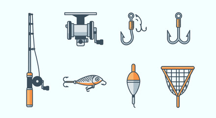Vibrant Fishing Equipment Icons Set with Rod, Reel, Lures, Hooks, and Net on a Light Blue Background © paijo