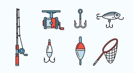 Colorful Flat Design Fishing Gear Icons Set on a Light Blue Background, Angling Equipment Collection © paijo