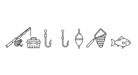 Fishing Gear Line Art Icons Set on Isolated White Background, Angling Equipment Collection © paijo