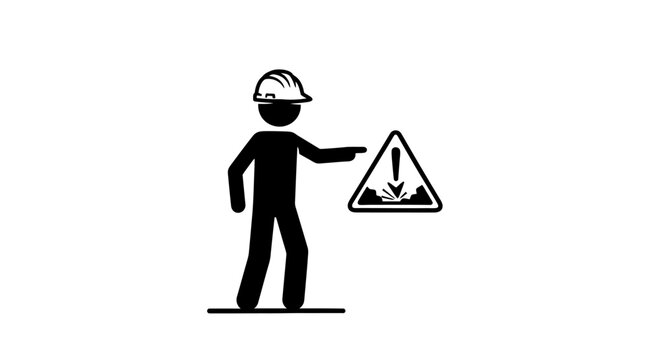 Construction Worker in Hard Hat Pointing to a Falling Debris Warning Sign, isolated white background