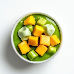 A vibrant green smoothie bowl topped with fresh mango cubes and creamy yogurt bites is presented on a bright white surface creating a healthy and delicious treat.