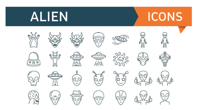 Collection of various alien icons and symbols in a grid layout for graphic design use