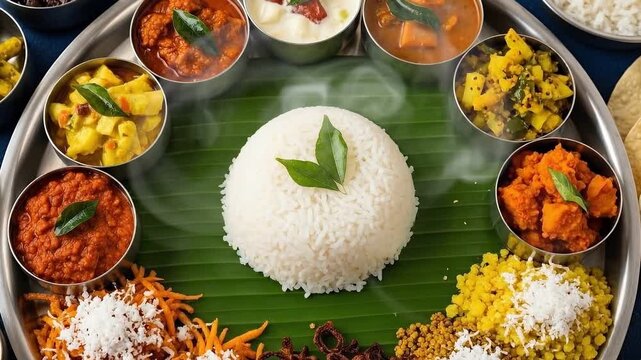 A vibrant indian thali with rice curries and side dishes presented beautifully