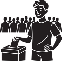 A man casting his vote with hearts and silhouettes representing public opinion