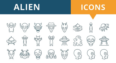 Obraz premium Collection of alien-themed icons and symbols in a grid layout, showcasing various extraterrestrial designs