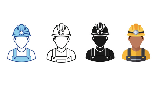 Set of diverse worker icons in various hard hats and uniforms, symbolizing construction industry professionals