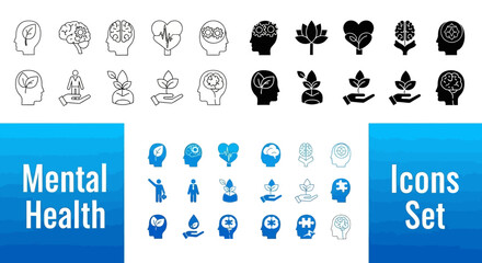 Collection of mental health icons set in various styles and formats for digital use