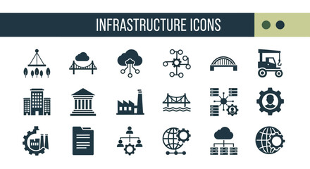 Collection of infrastructure icons representing various elements in a simple design for graphic use
