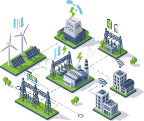 Fototapeta premium Smart Grid System Vector Illustration of Modern Electrical Energy Network with Digital Technology and Industrial Infrastructure
