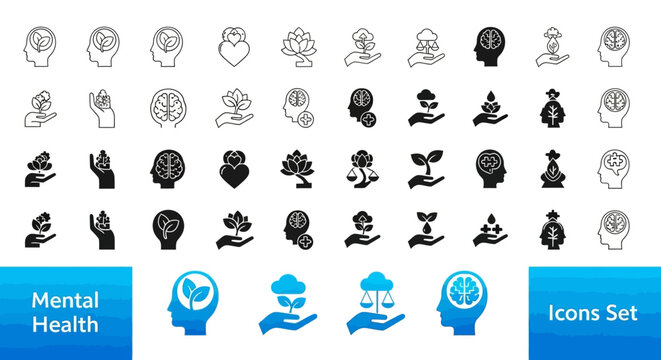 Collection of mental health icons, symbolizing various aspects of psychological well-being and emotional support in a digital format.