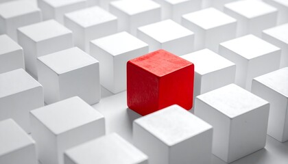 Obraz premium Red cube stands out among many white cubes on a white surface, high angle view, illuminated by soft light