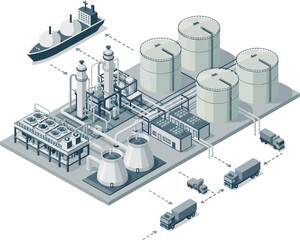 LNG Production Process Vector Illustration of Liquefied Natural Gas Plant with Storage Tanks and Industrial Processing System