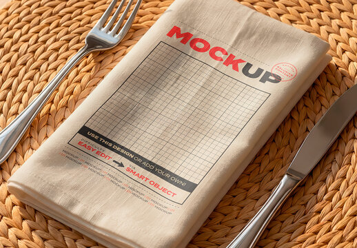 Fabric Napking with Fork and Knife Mockup