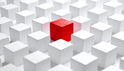Obraz premium Red cube stands out among white cubes in a grid pattern on a white surface, creating depth and focus