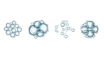 Collection of transparent blue water bubbles and spheres in different clusters and sizes on a white background, abstract graphic