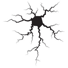 Black Radial Crack Explosion on Transparent Background, Broken Ground Impact Effect