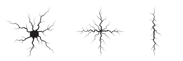 Set of Black Ground Cracks and Impact Fractures Isolated on Transparent Background, Abstract Black Crack and Impact Damage Shapes