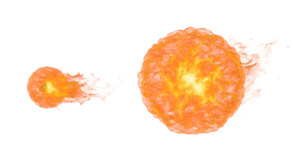Two bright orange fireballs with trails of smoke, one small and moving, the other larger and stationary, against a white background.
