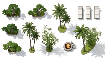 Collection of various trees and outdoor furniture elements isolated on white background