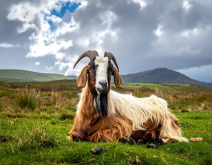 Obraz premium Relaxing goat portrait a shaggy, horned animal lounging calmly in a grassy field under a cloudy sky in a hilly landscape