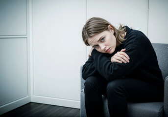 Obraz premium Young Woman, Gray Armchair, Moody Indoor Portrait, Sad Distressed Expression, All Black Attire, Dramatic Lighting, Subdued Modern Interior