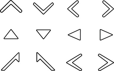 Line style vector icons of Simple arrows: chevron up, chevron down, chevron left, chevron right; caret up, caret