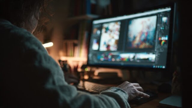 Artist working late night at computer