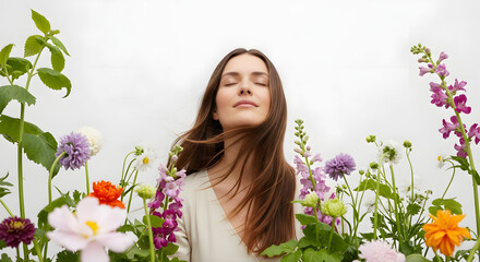 Naklejka premium Young woman with eyes closed breathing in the scent of a vibrant flower garden on a bright day