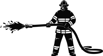 Obraz premium Firefighter Holding Hose Silhouette Vector – Emergency Service Hero Concept