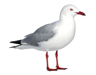 Seagull standing tall against a plain white backdrop, detailed feathers and vibrant red beak are prominent
