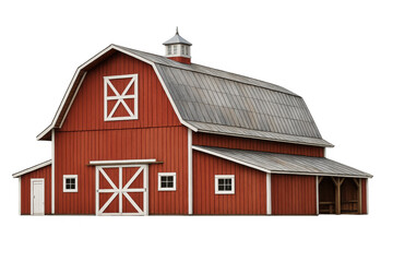 Red gambrel roof barn building on transparent background, symbolizing agriculture, rural life, and farming industry
