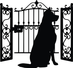 Dog Sitting outside of gate  Silhouette Vector &ndash; Pet Animal Illustration