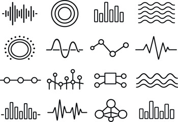 Obraz premium Line style vector icons of library ambience: rhythm line, pulse ring, rhythm bar, wave tile, wave stripe,
