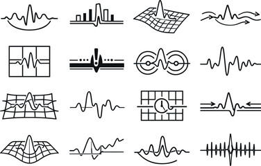 Line style vector icons of anomaly detection: pulse arc, timing bar, amplitude mesh, flow line, sync tile,